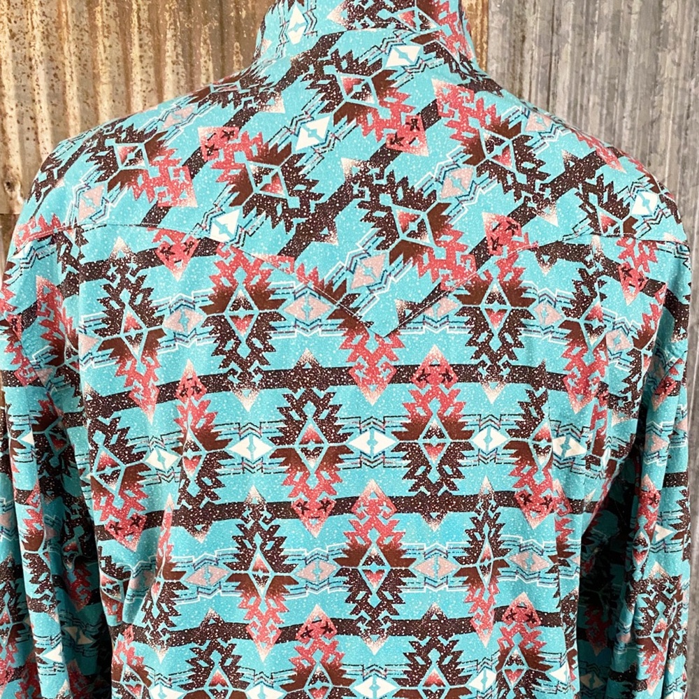 Men’s Rock & Roll Denim Modern Fit Aztec Design Pearl Snap Longsleeve Shirt - Picture 9 of 11